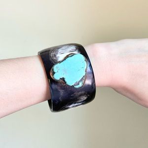 Ashley Pittman Turquoise Gemstone Slab Dark Horn Statement Cuff Bangle Bracelet